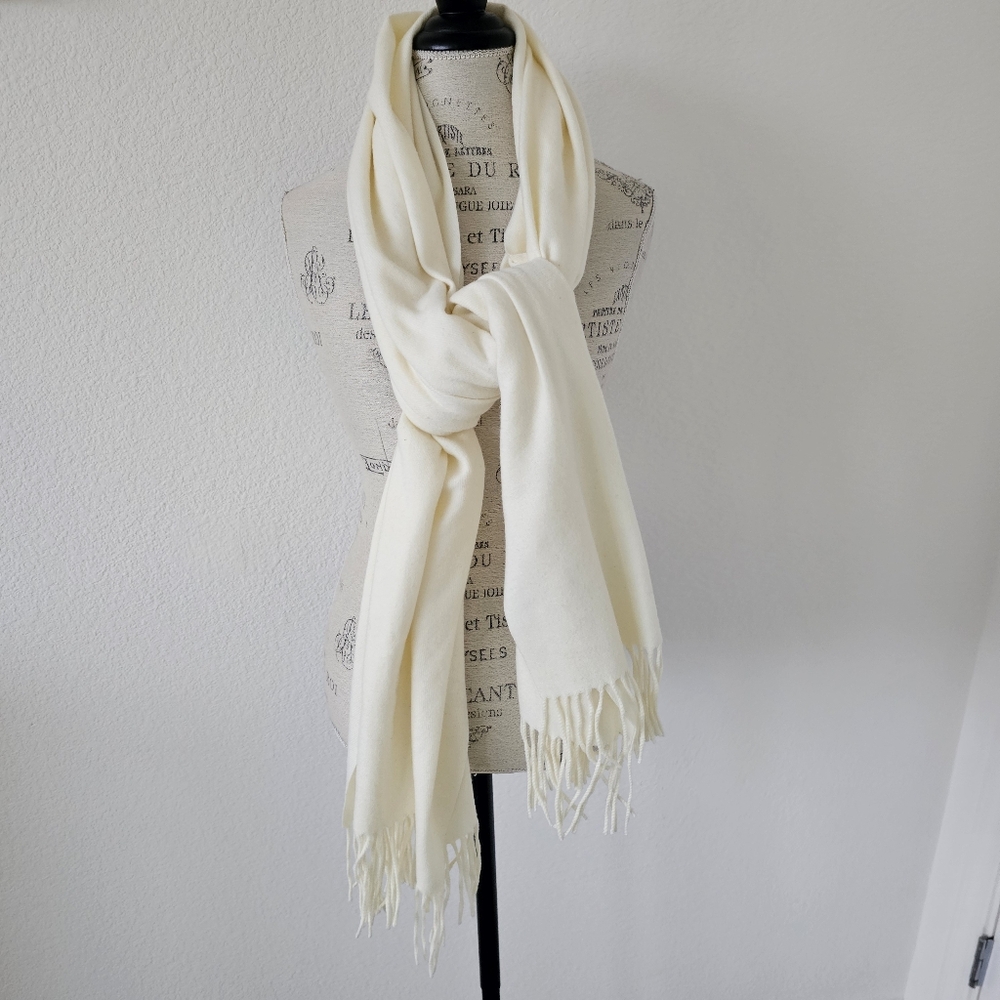 Saferin Cream Cashmere Lambswool Shawl Fringe Wrap Scarf Ivory Winter White